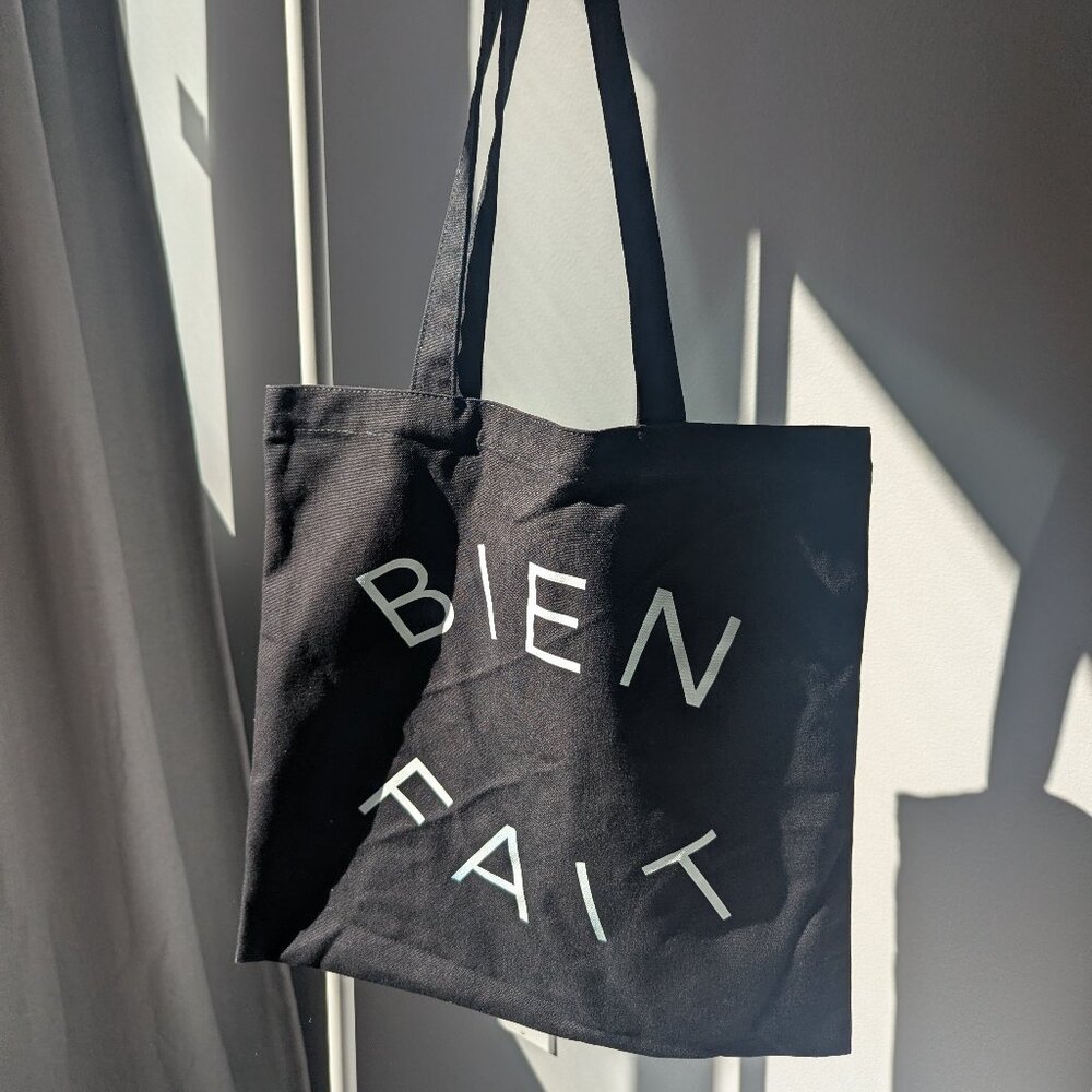Madewell "Bien Fait" Black Canvas Tote Bag Graphic Logo Shopper Reusable